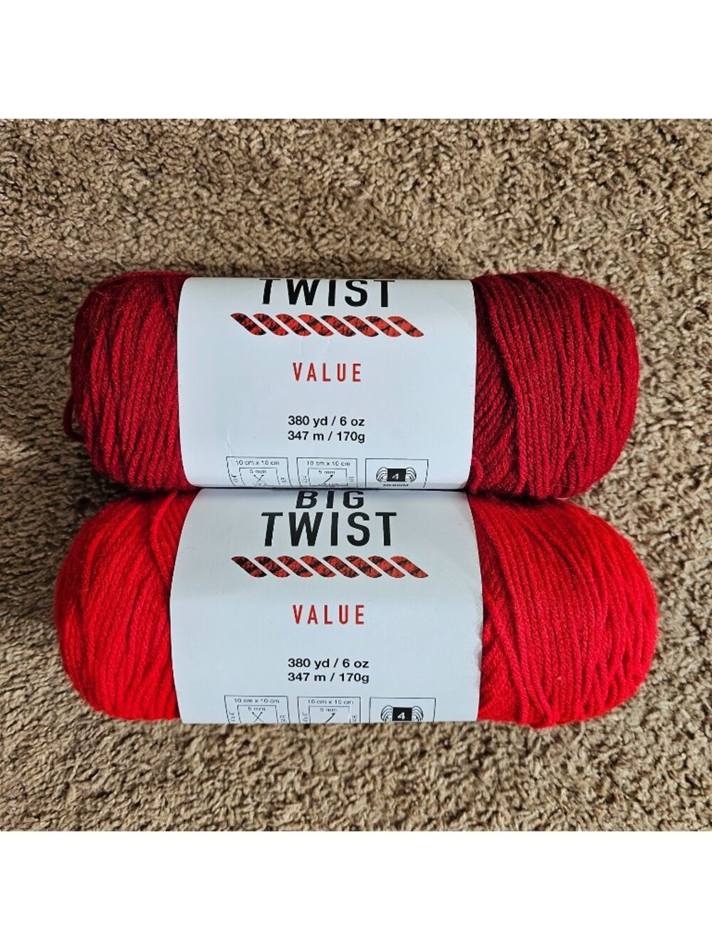Big Twist Value Yarn Lot of 2 380 Yds Each Deep Red and Varsity Red